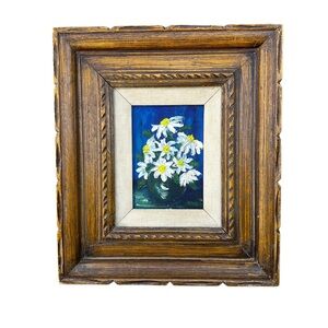 Vintage Oil Painting Blue Daisy Floral in Ornate Wood Frame 13 1/2 X 15 1/2”